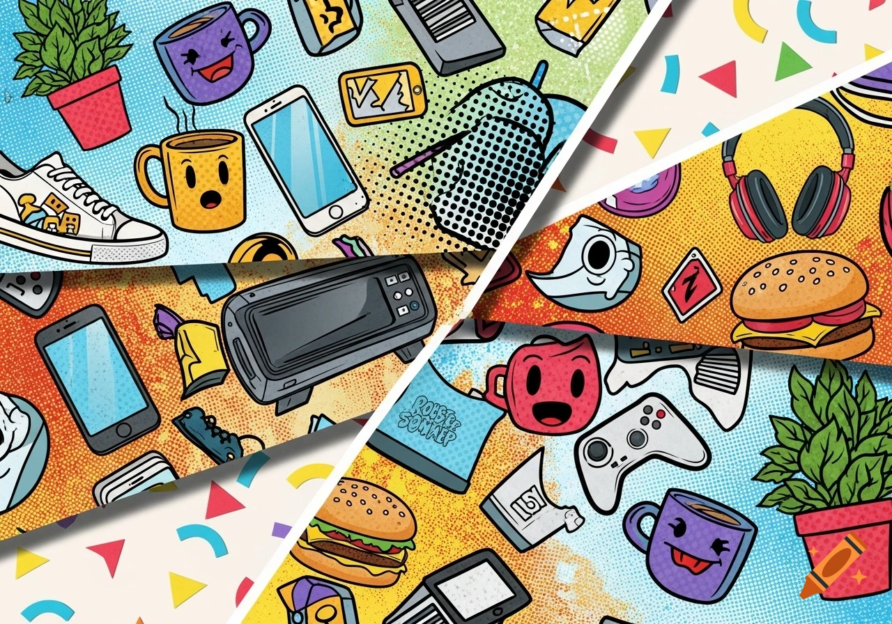 A vibrant pop-art collage of everyday items like smartphones, coffee mugs, sneakers, headphones, and burgers, layered over patterned backgrounds.