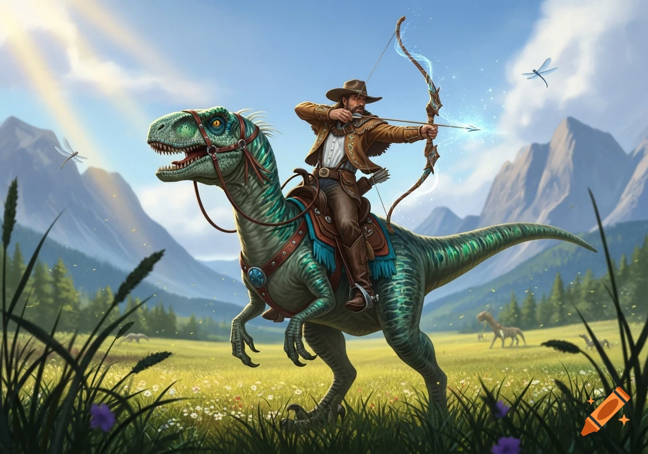 A detailed fantasy illustration of a cowboy archer riding a green ...