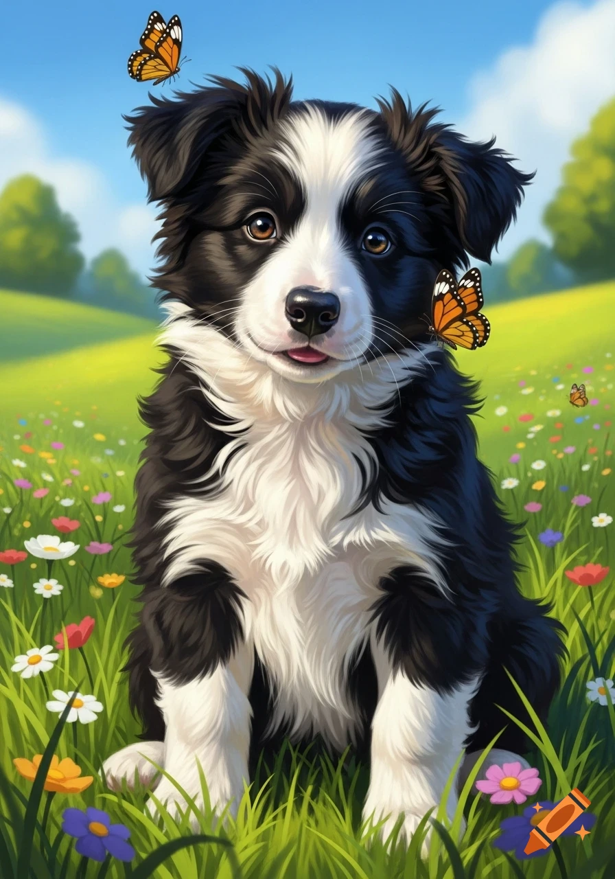 A cute black and white Border Collie puppy sits in a field of colorful wildflowers with butterflies flying around.