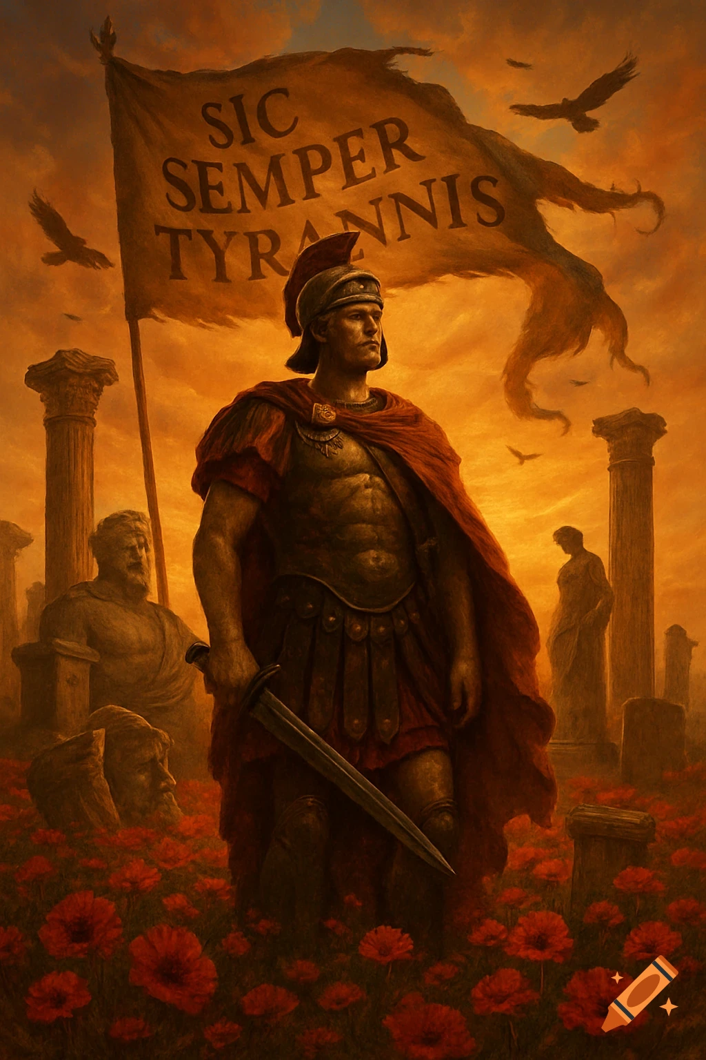 A Roman soldier in armor and red cape stands with a sword amidst red poppies, ancient ruins, and a banner reading "SIC SEMPER TYRANNIS" under an orange sky.
