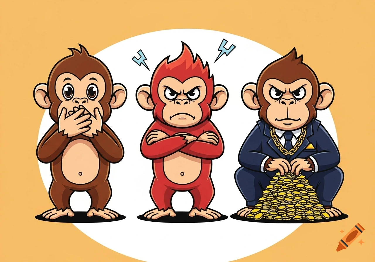 Three cartoon monkeys: one covering its mouth, one angry with crossed arms, and one in a suit with a gold chain counting coins.
