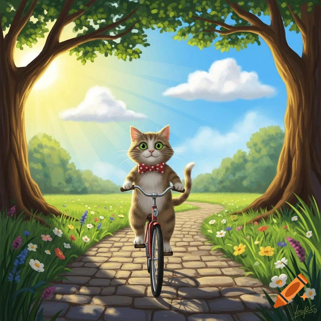 A cute cartoon cat with a red bow tie rides a bicycle down a cobblestone path through a sunny, flower-filled park with large trees.