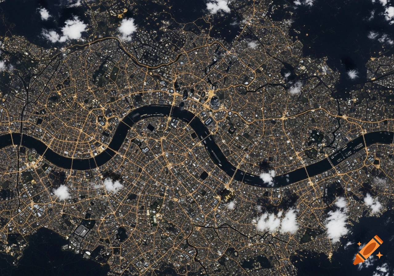 Aerial view of London at night, with the illuminated city grid and the River Thames winding through urban areas, under a dark sky with scattered clouds.