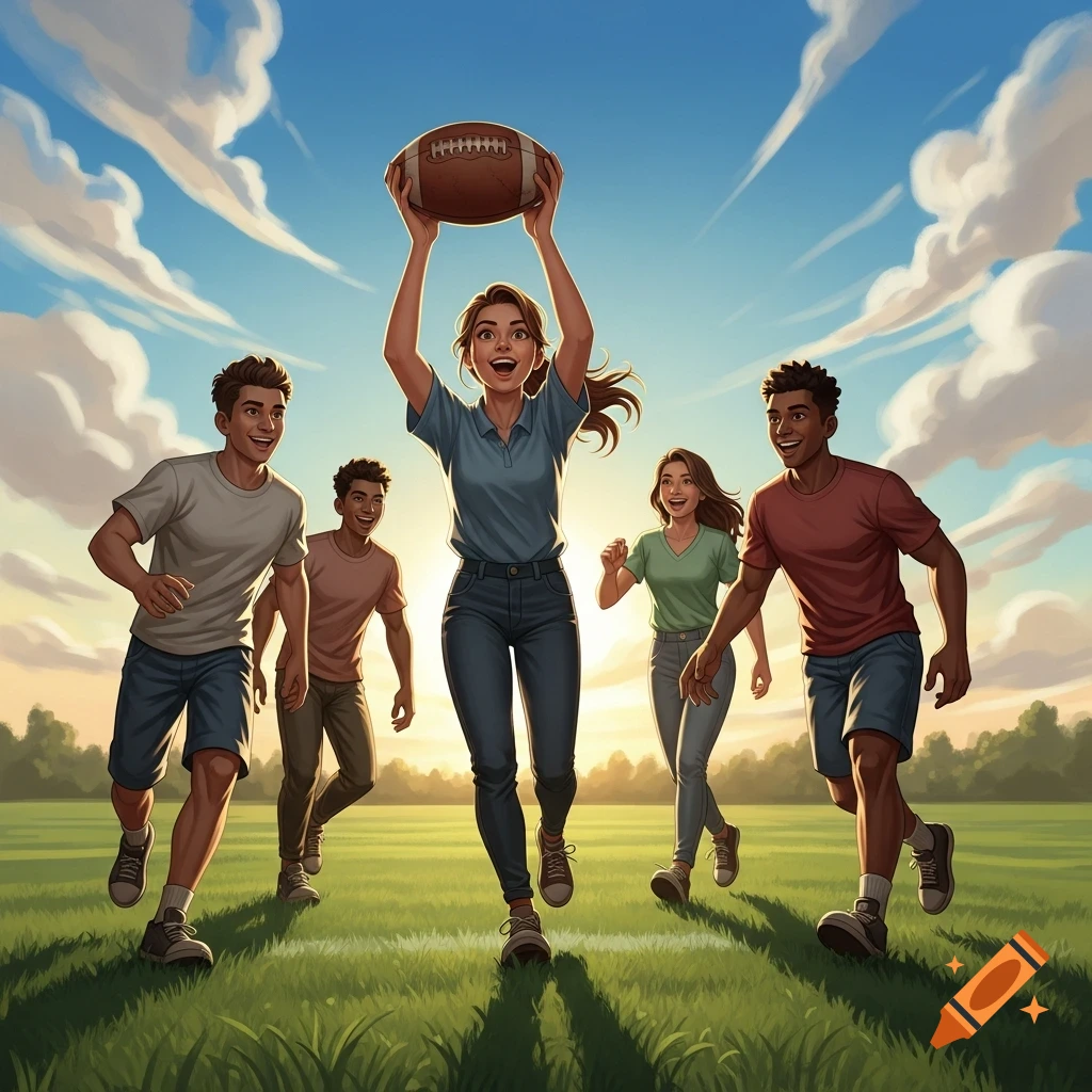 An illustration of five joyful friends playing football in a sunny grassy field, one woman holding the ball overhead.