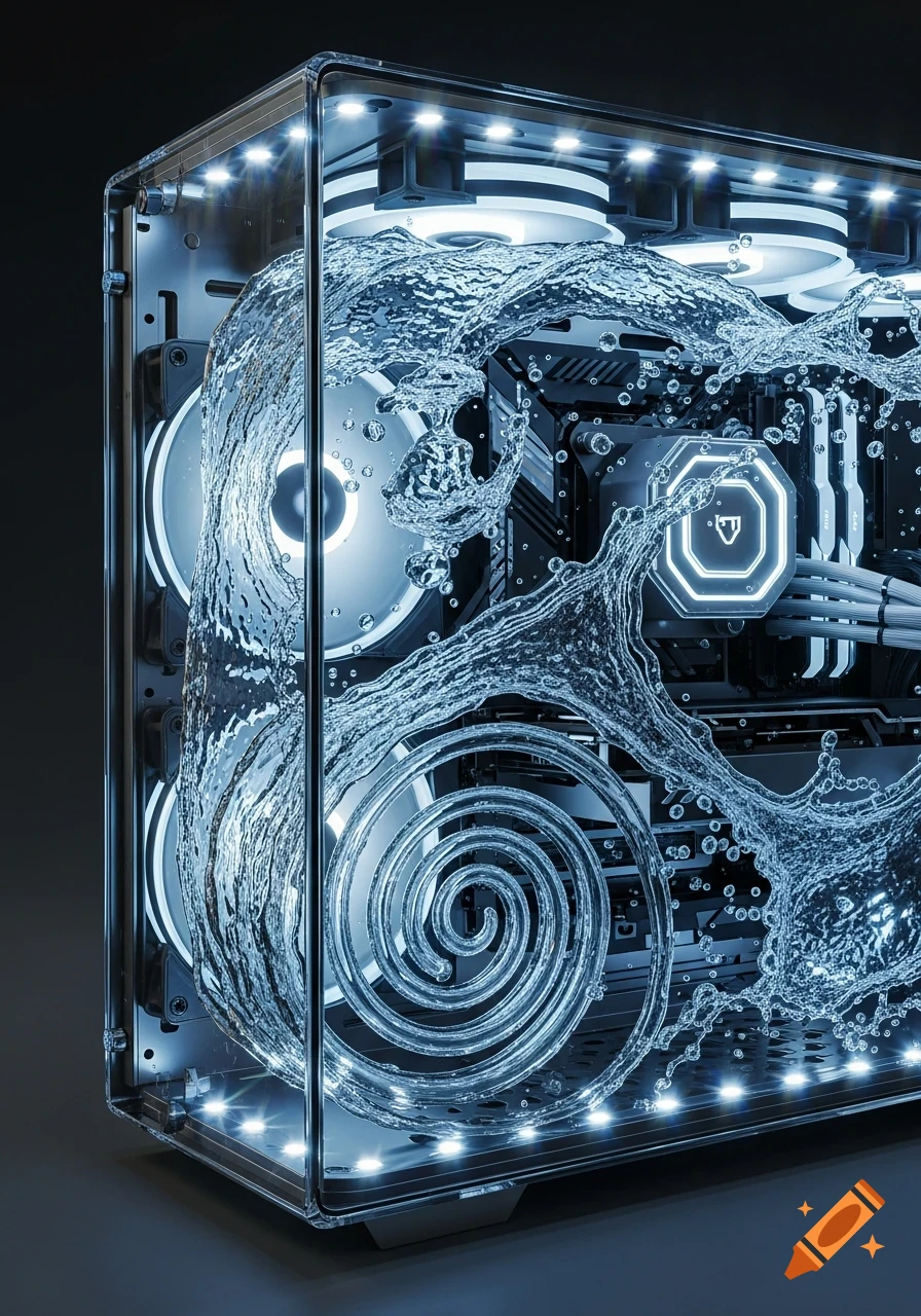 A high-tech PC case with transparent walls, filled with splashing water and glowing white lights, featuring visible internal components.