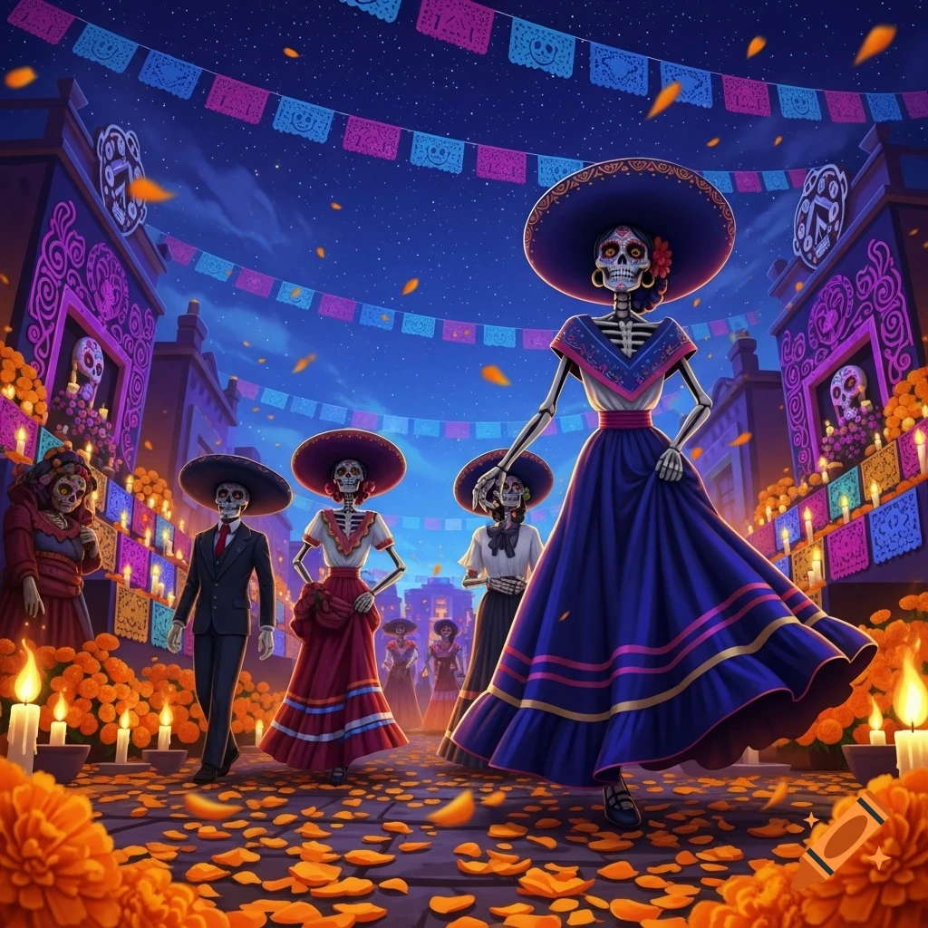 Vibrant illustration of Catrinas (skeletons) celebrating Dia de Muertos on a street adorned with papel picado, marigolds, and candles at night.