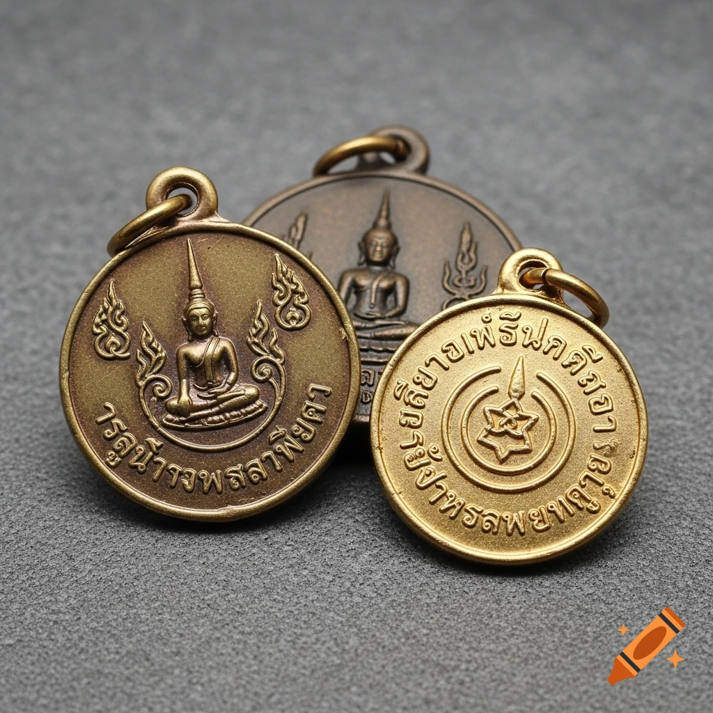Three antique gold and bronze Thai Buddhist amulets with engraved symbols and text on a gray background.