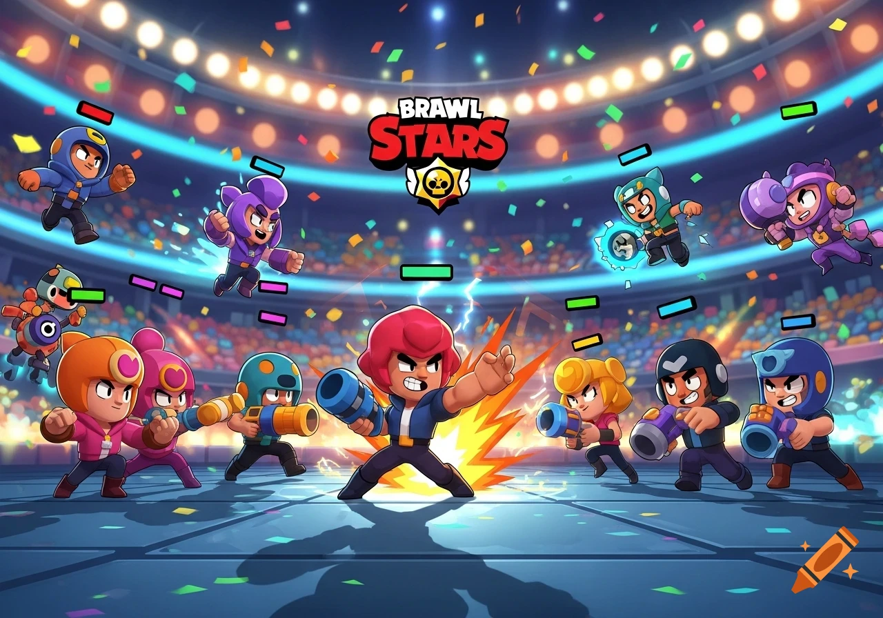 Stylized cartoon characters from Brawl Stars battling in a brightly lit stadium with confetti falling.