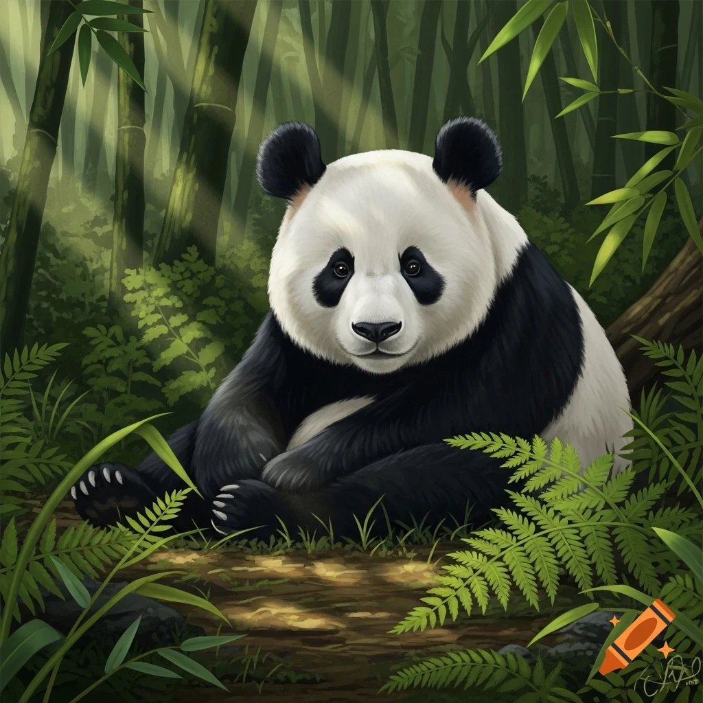A detailed illustration of a giant panda sitting in a sun-dappled bamboo forest.