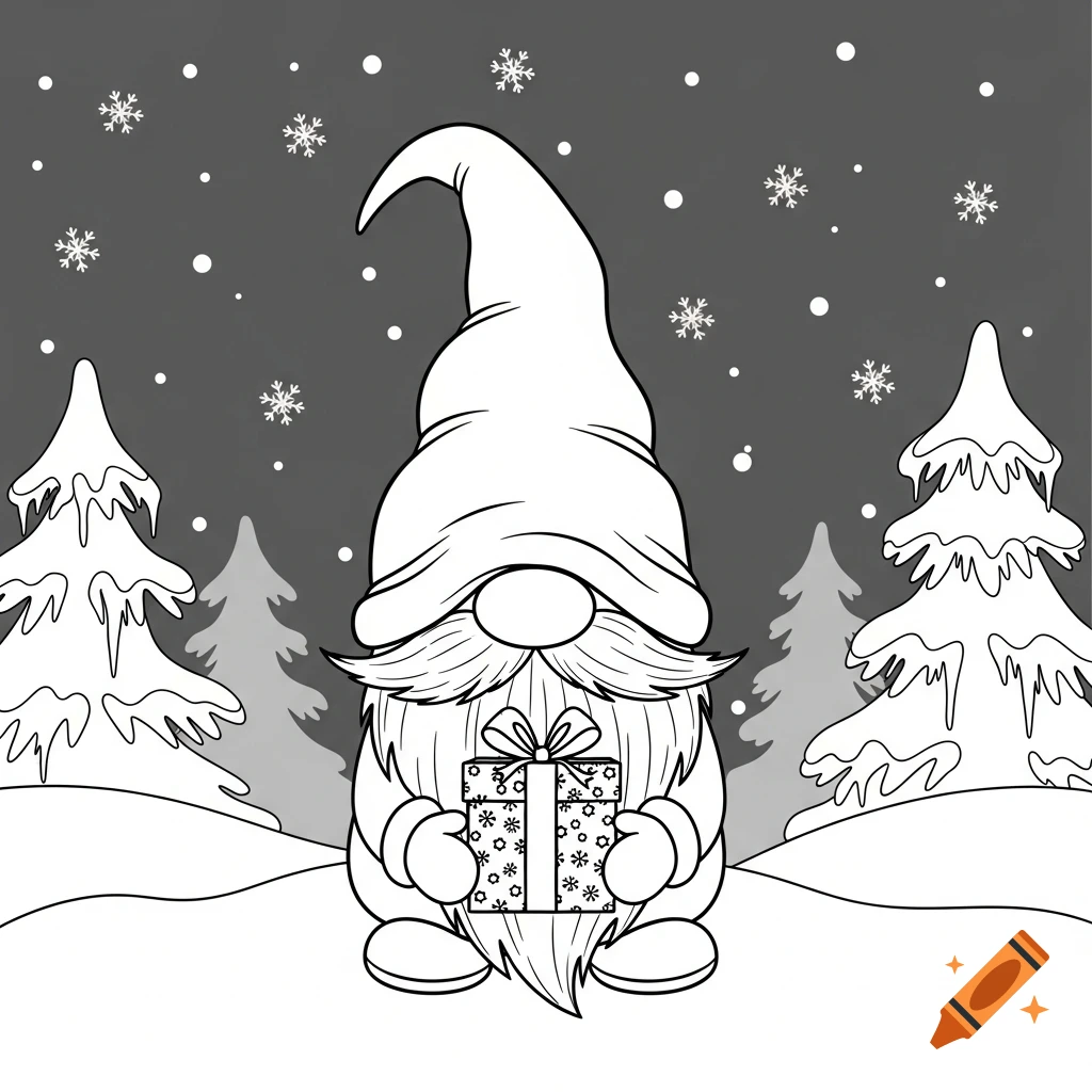 A black and white line art illustration of a gnome holding a gift in a snowy winter scene with trees and snowflakes.