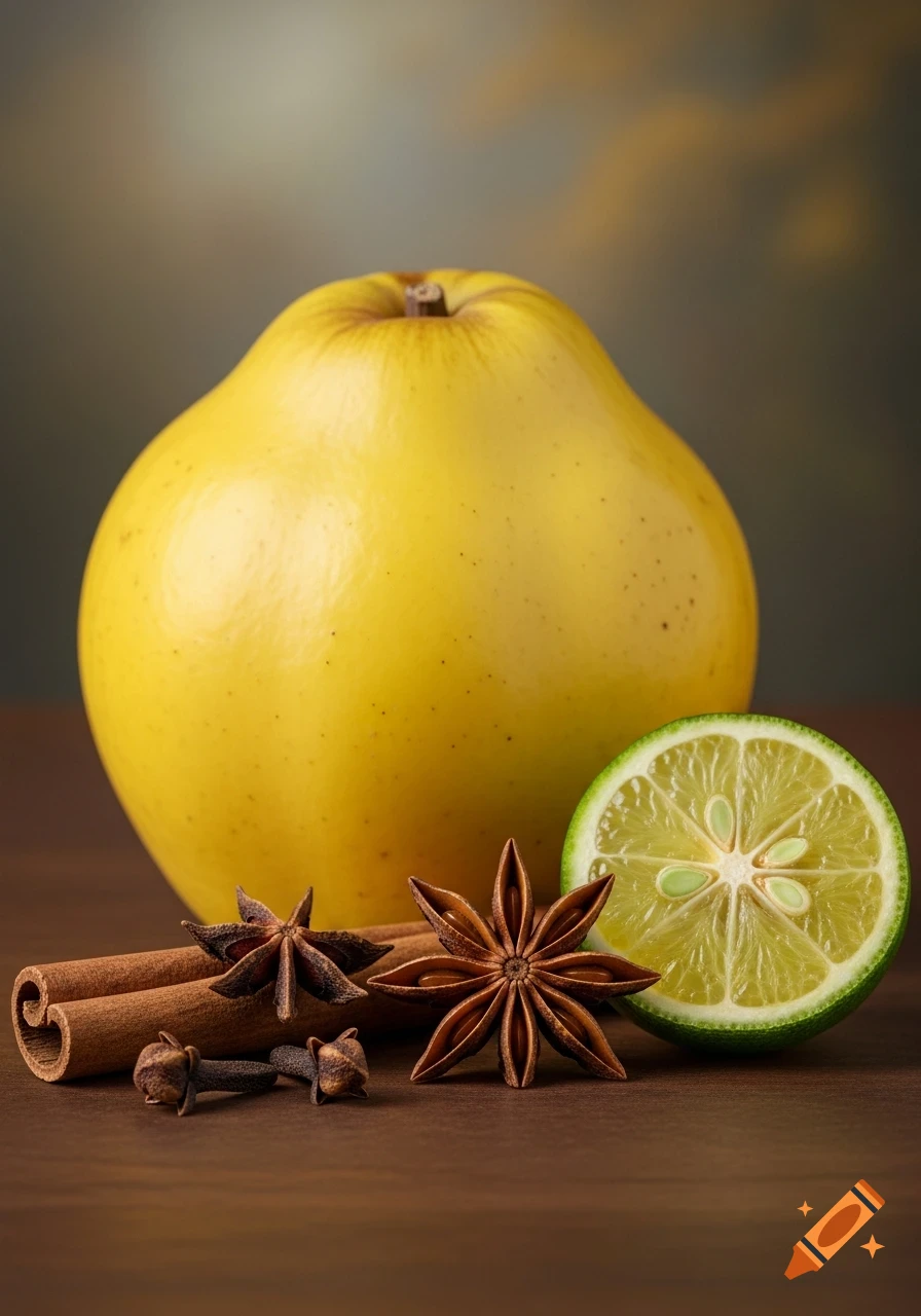 A yellow quince with cinnamon sticks, star anise, cloves, and a sliced limequat on a wooden surface, photorealistic style.