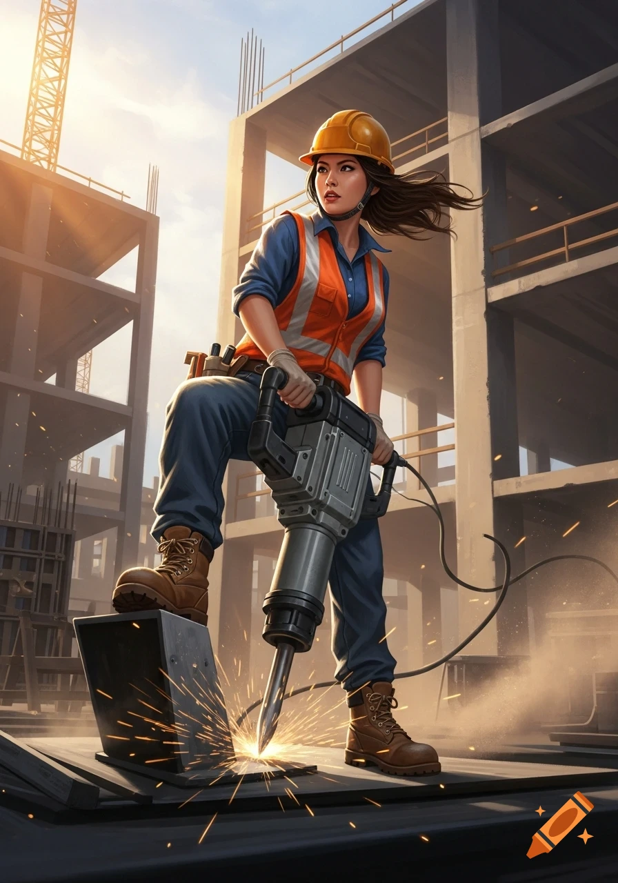 A female construction worker in a hard hat and safety vest operates a jackhammer at a construction site with sparks flying.