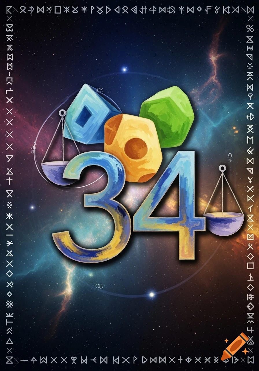 Large, colorful numbers "34" surrounded by abstract shapes and celestial scales against a vibrant cosmic background in a painterly style.