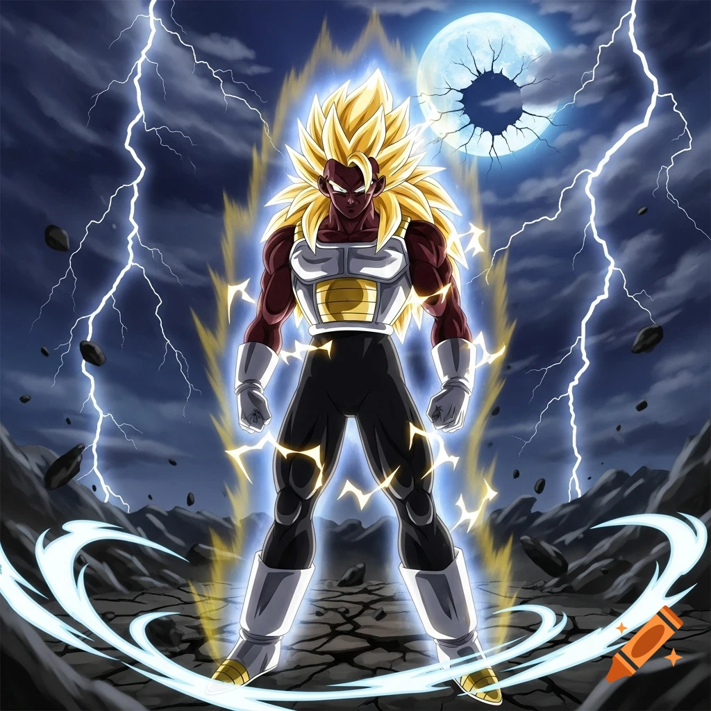 Anime-style Black Saiyan with golden spiky hair, glowing blue aura, and lightning, standing on cracked earth under a full moon.