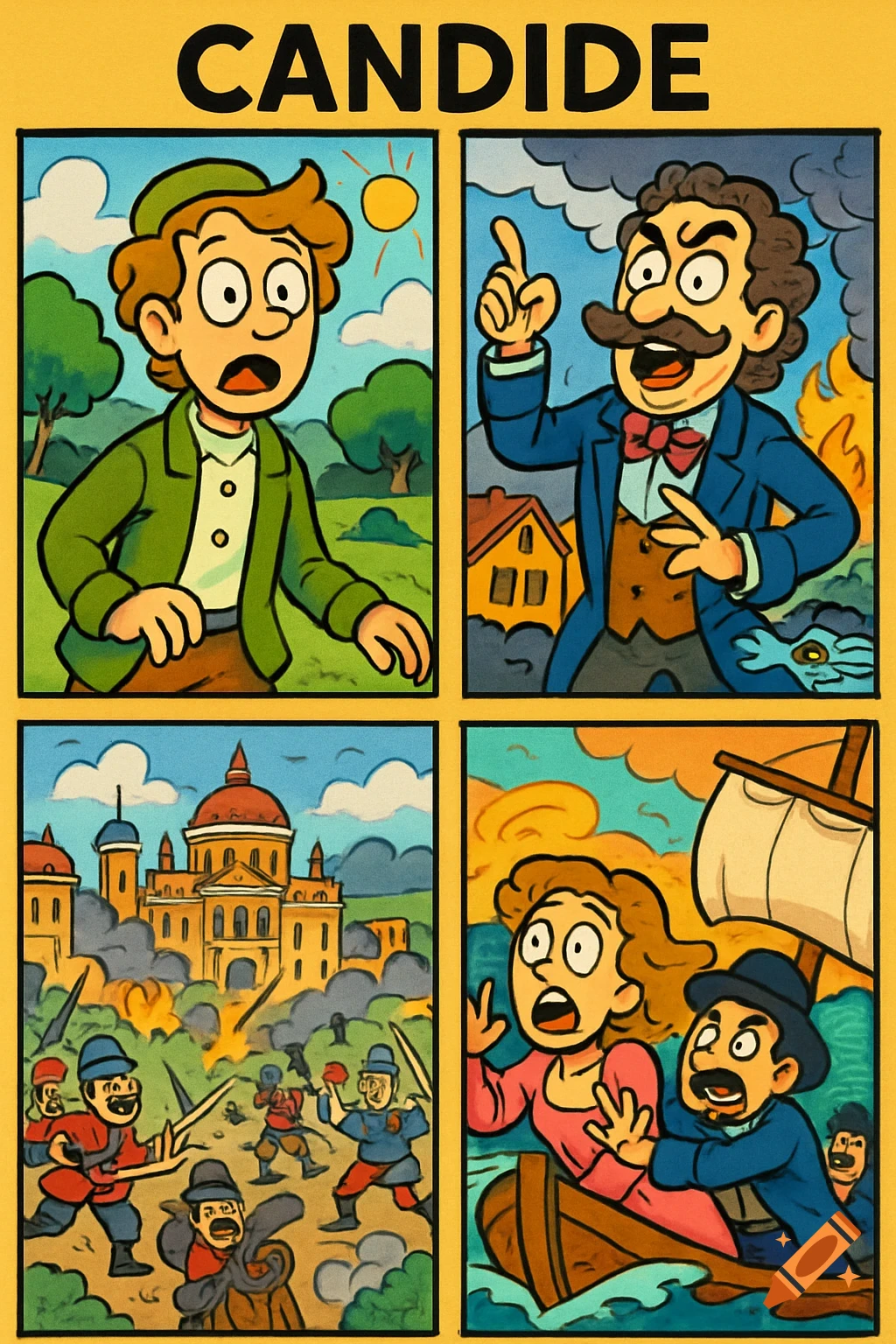 Multi-panel cartoon titled 'CANDIDE' showing scenes from the story, including characters, a battle, and a boat.