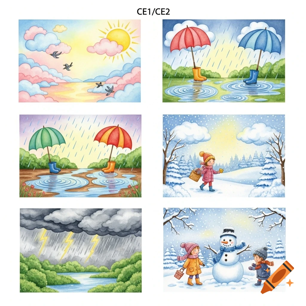 Six watercolor illustrations depicting various weather conditions and children, including sun, rain, snow, and a storm.