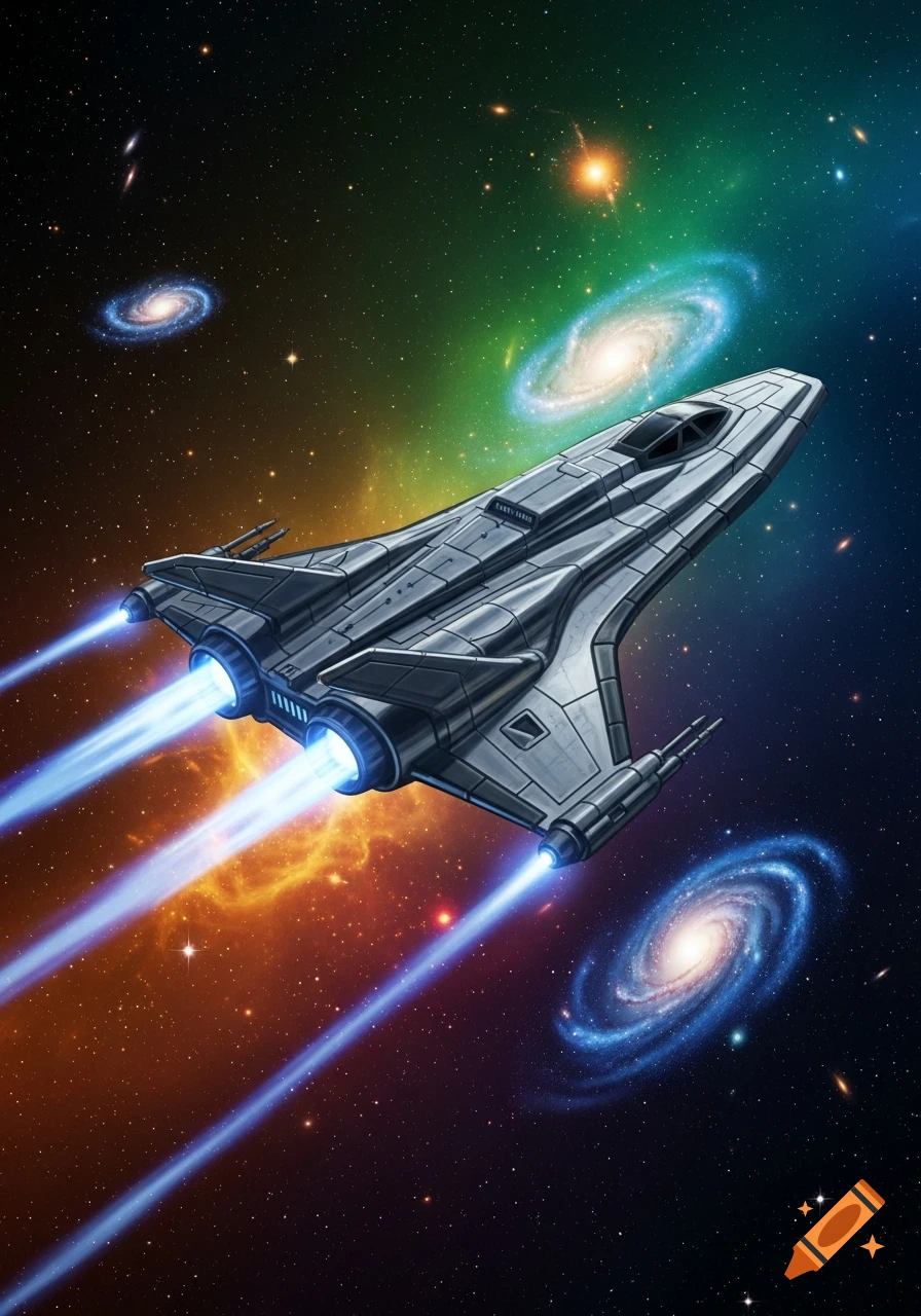 A futuristic grey sci-fi spaceship with blue exhaust plumes flies through colorful deep space with stars, nebulae, and spiral galaxies.