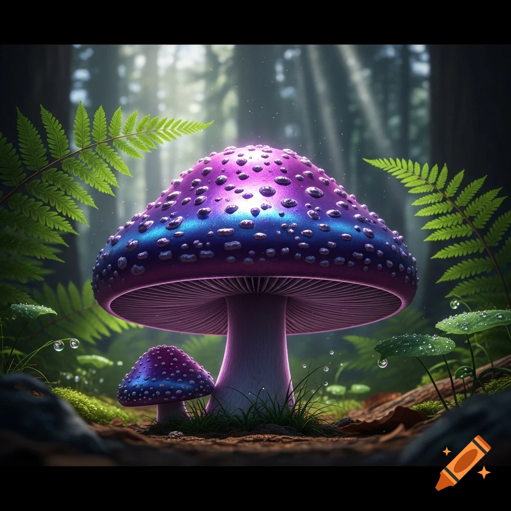 An iridescent purple mushroom with blue dots glows in a magical forest setting with ferns and sunlight.