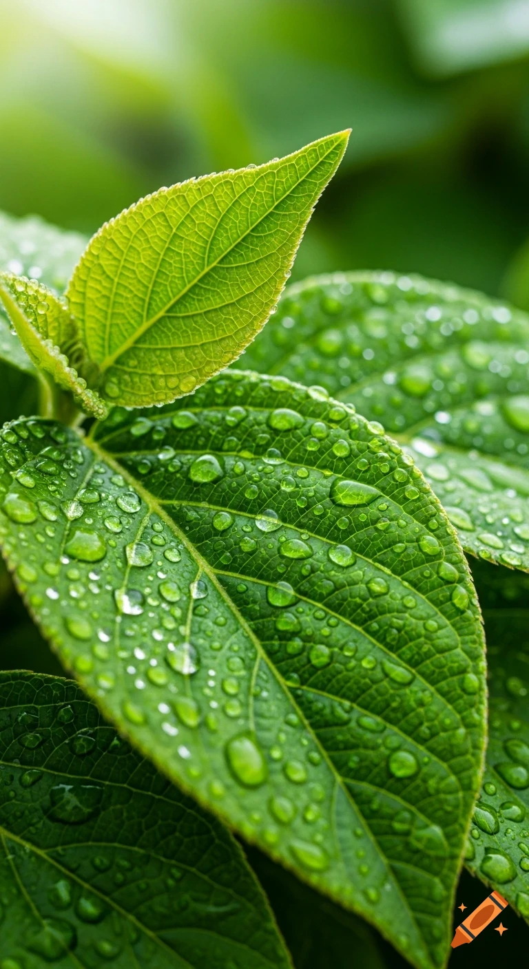 Hyper-realistic macro photography of vibrant green leaves covered in sparkling dew drops.