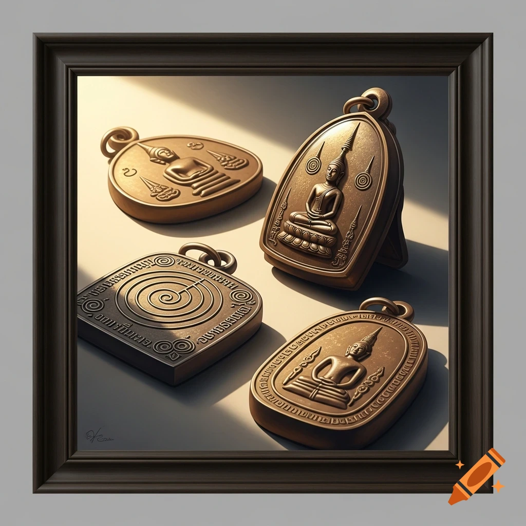 Photorealistic image of four bronze Thai amulets with intricate Buddhist symbols and seated Buddha figures, arranged on a neutral background under warm golden light.