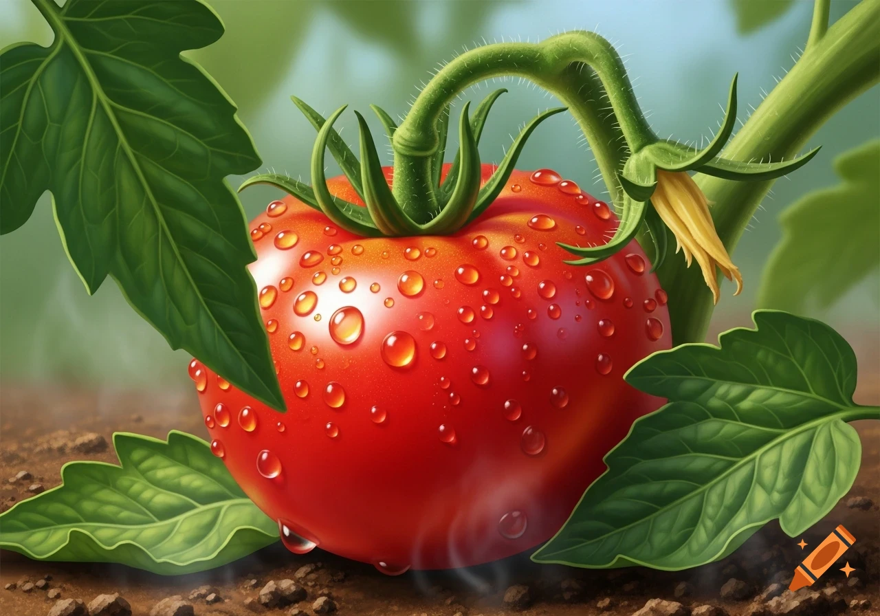 A vibrant red tomato covered in water droplets on a vine in soil, surrounded by green leaves.