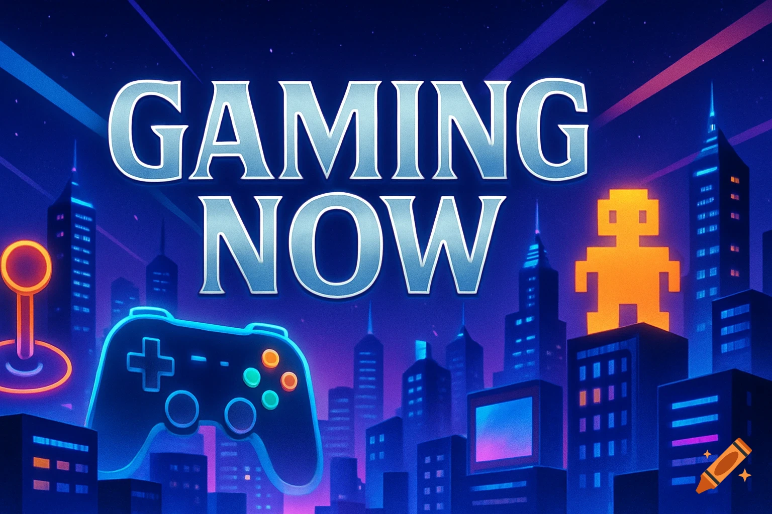 Neon-lit cityscape with 'GAMING NOW' text, a game controller, joystick, and a pixelated character.