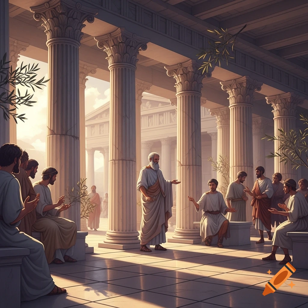 Men in ancient Greek robes discuss under towering classical columns in a sunlit temple setting.