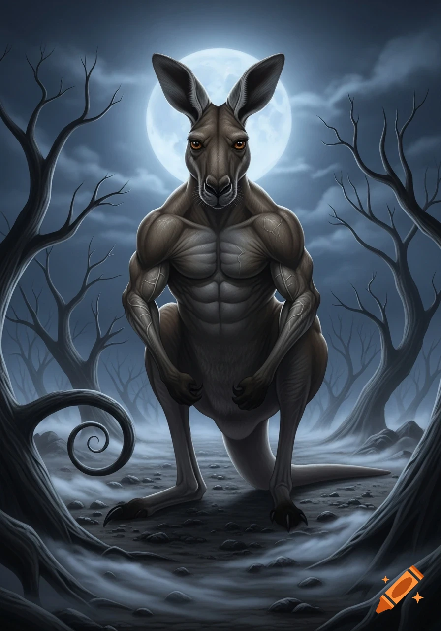 A muscular, anthropomorphic kangaroo stands in a dark, misty forest ...