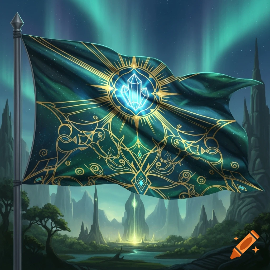 A dark teal fantasy flag with golden patterns and a glowing crystal emblem, set against a mystical landscape with spires and an aurora borealis.