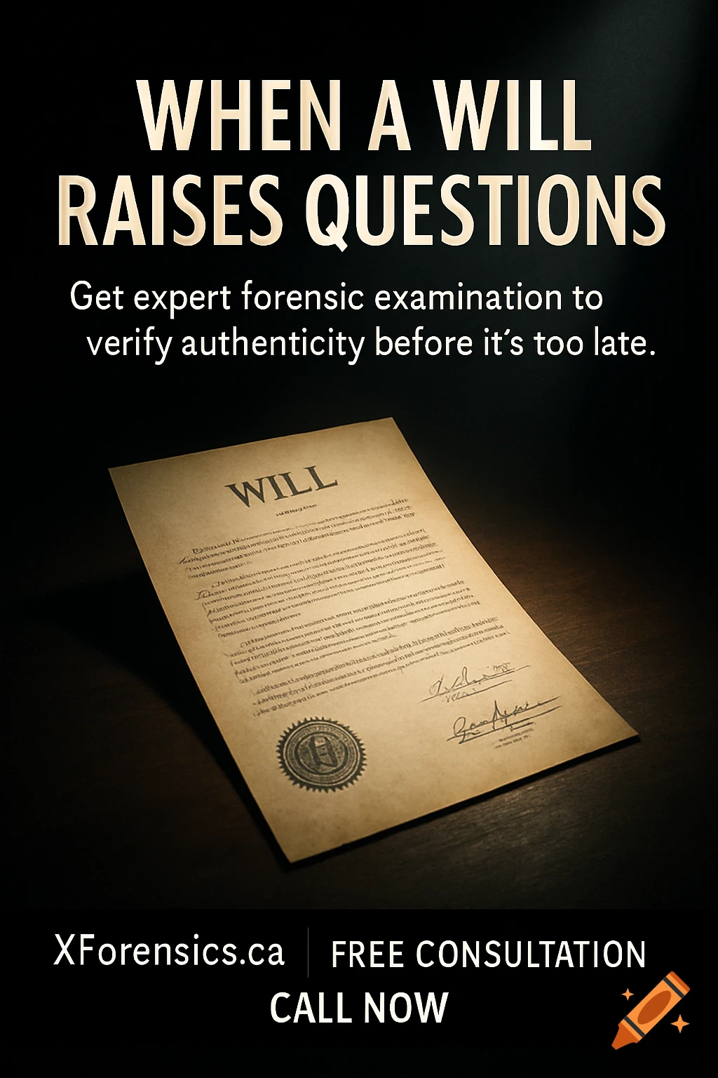 An advertisement for forensic examination of wills. A will document is illuminated by a spotlight on a dark background. Text reads: "When a Will Raises Questions. Get expert forensic examination to verify authenticity before it's too late. XForensics.ca | Free Consultation | Call Now."
