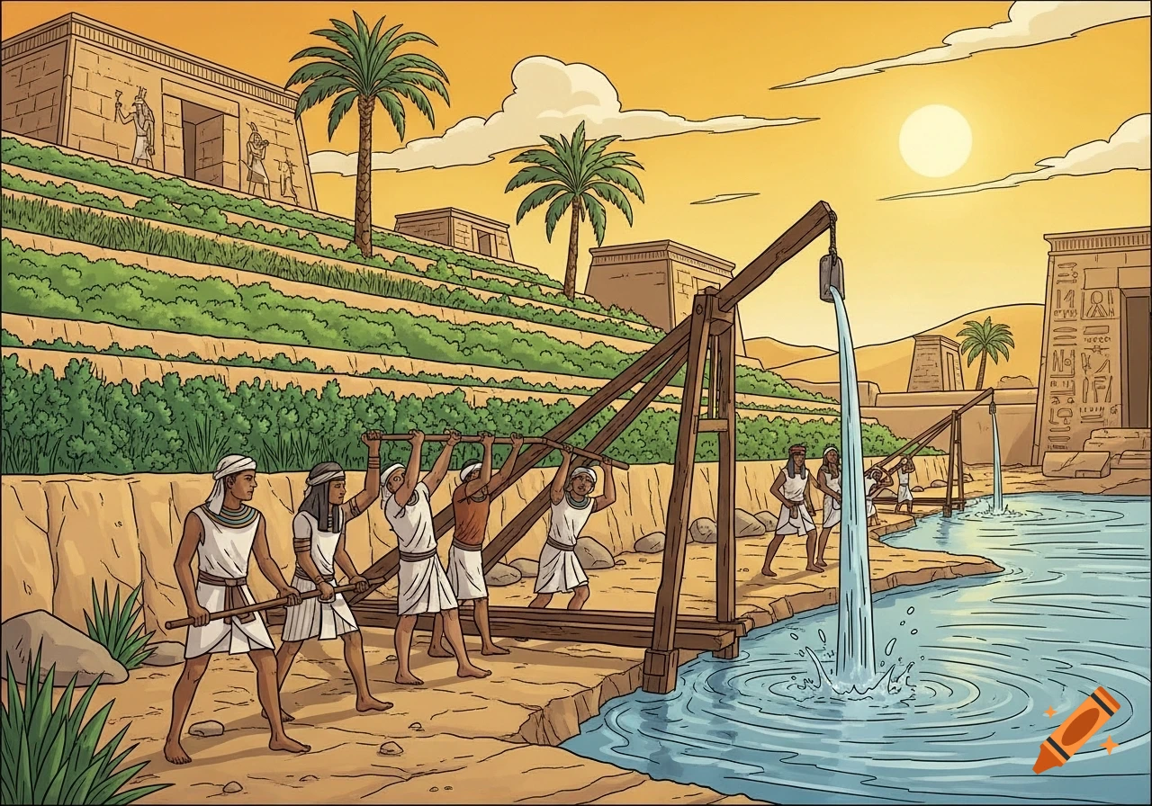 Egyptian farmers use shadufs to irrigate terraced fields from a river at sunset, with temples and palm trees in a comic style.
