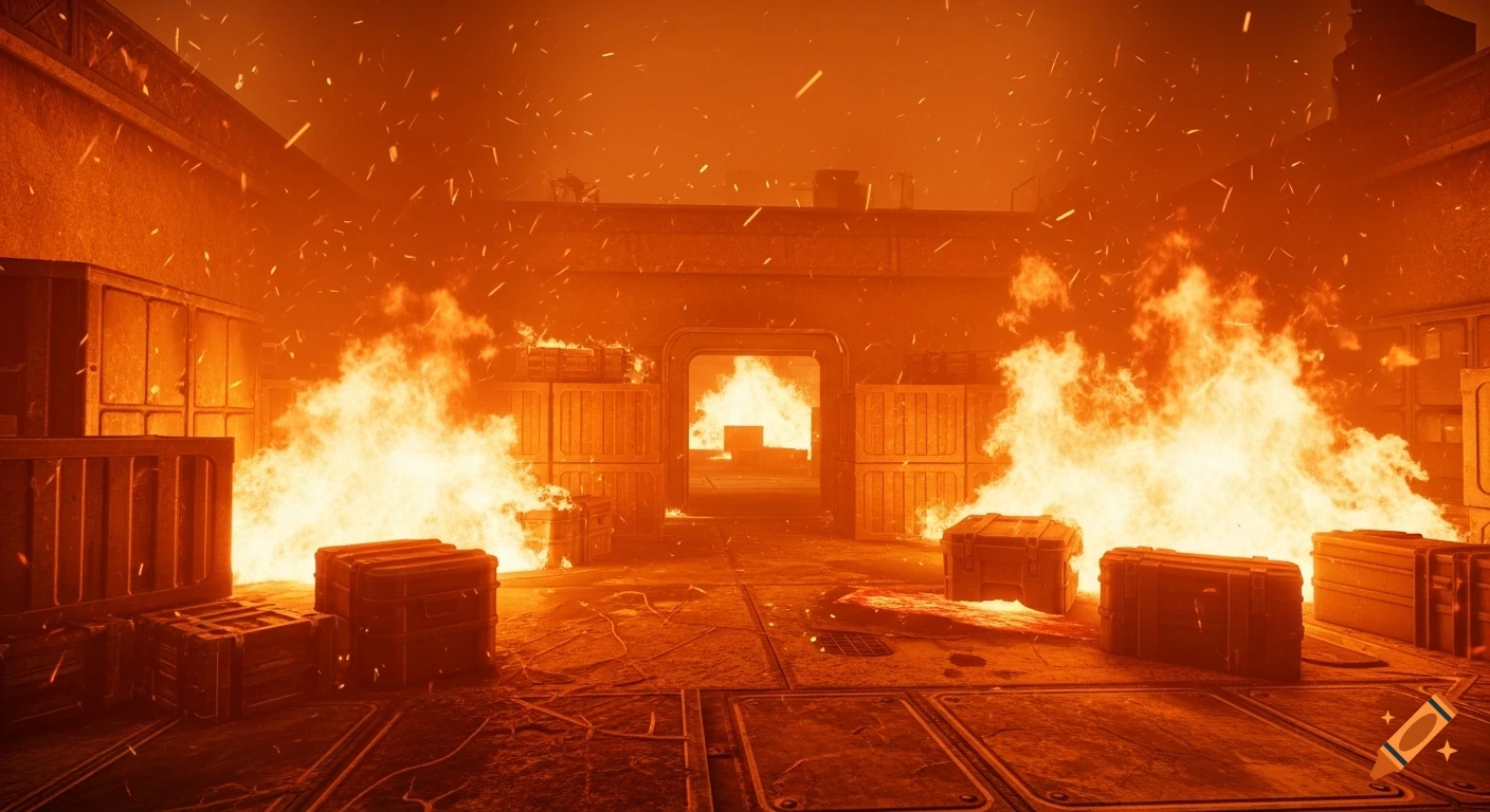 A computer-generated scene of a room engulfed in large orange flames, with crates scattered around. Sparks fly upwards in the smoky, fire-lit interior.