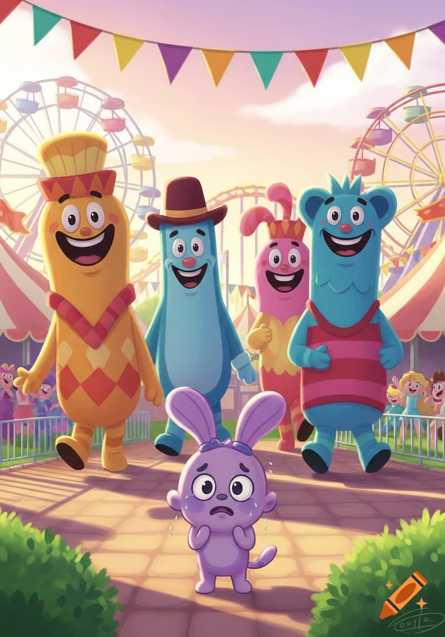 Five colorful cartoon mascots at an amusement park; four happy, one purple bunny-like character crying in front.