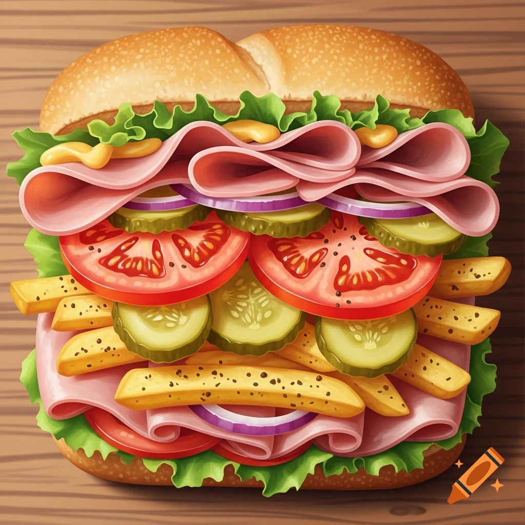 An illustrative, top-down view of a colorful, appetizing sandwich with ham, lettuce, tomato, pickles, onion, mustard, and french fries on a wooden table.