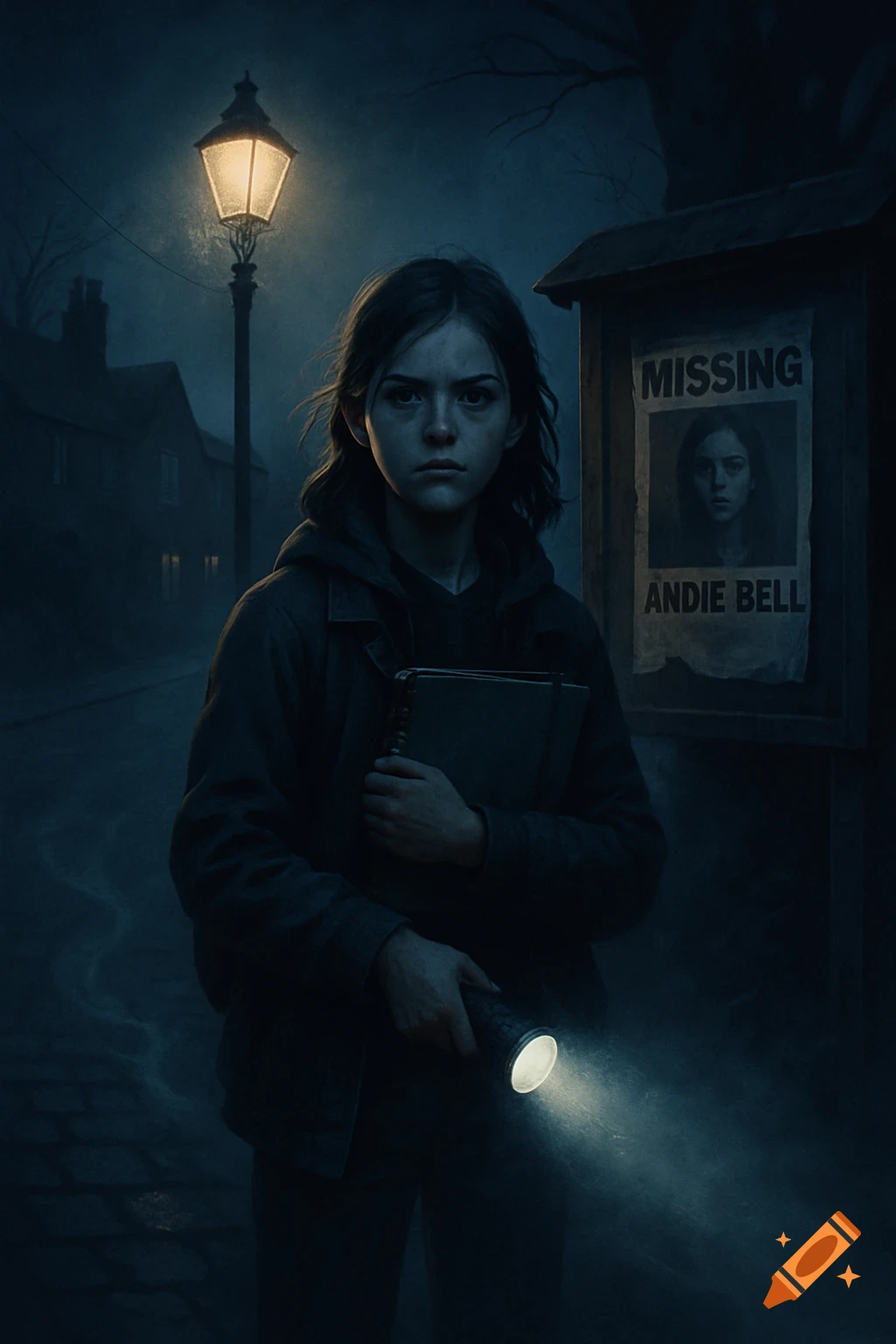 A serious teenage girl with a flashlight and notebook stands under a flickering streetlight, with a 'Missing: Andie Bell' poster behind her, in a dark, foggy town.