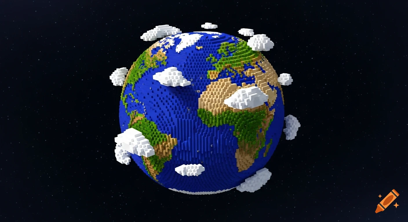 A 3D voxel art rendering of Earth from space, featuring blocky continents, oceans, and clouds against a dark, starry background.