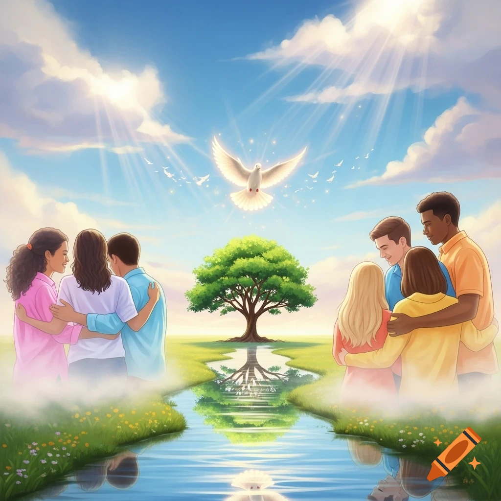Two groups of people embrace by a river flowing to a tree, under a radiant sky with a flying dove and sun rays.