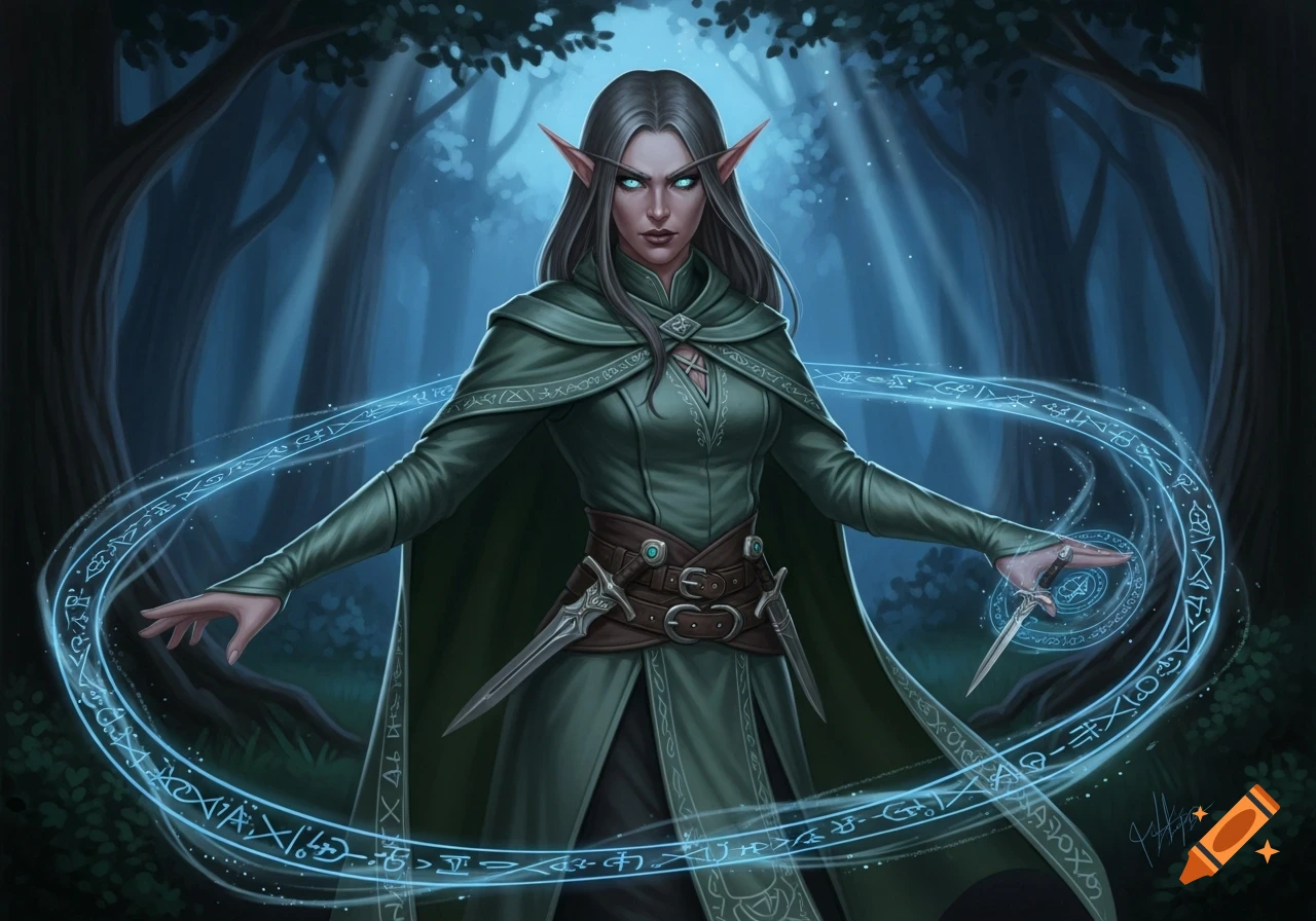 An adult female elf in green robes with glowing blue magical runes circling her outstretched hands in a dark forest.