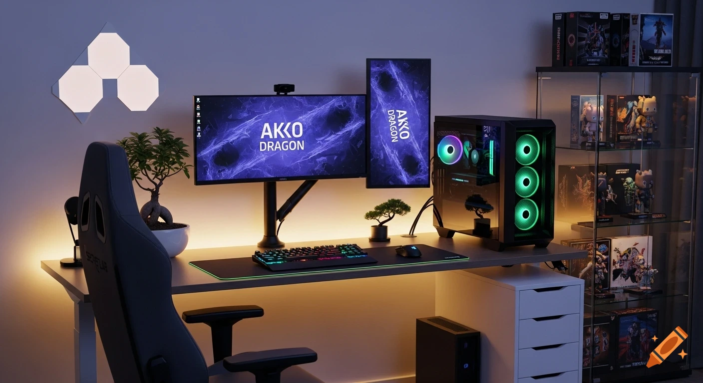 A modern gaming setup featuring two monitors, a PC with green RGB lighting, a gaming chair, and a display cabinet with collectibles, illuminated by warm yellow-orange lights.