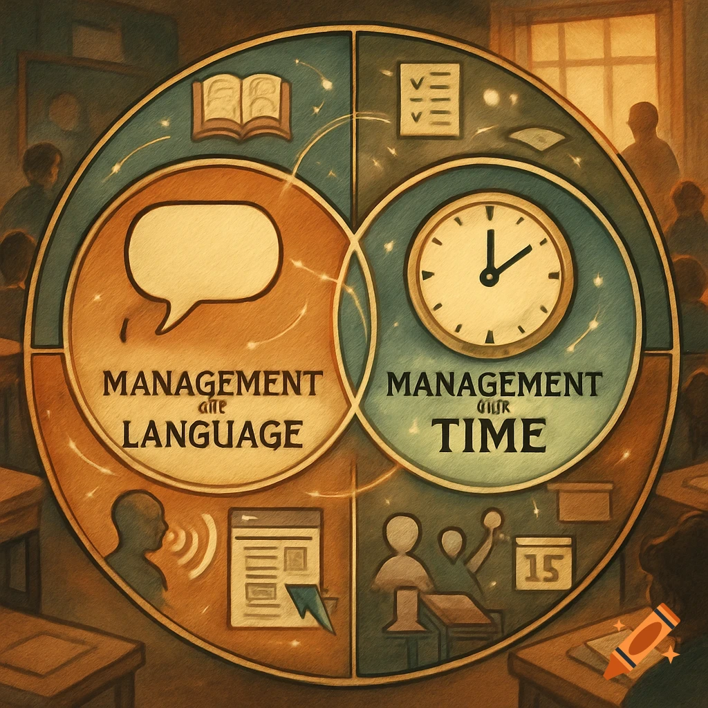 A stylized diagram illustrating management of language and time, set in a classroom. It features a large circular chart with symbols like a clock, speech bubble, book, and checklist.