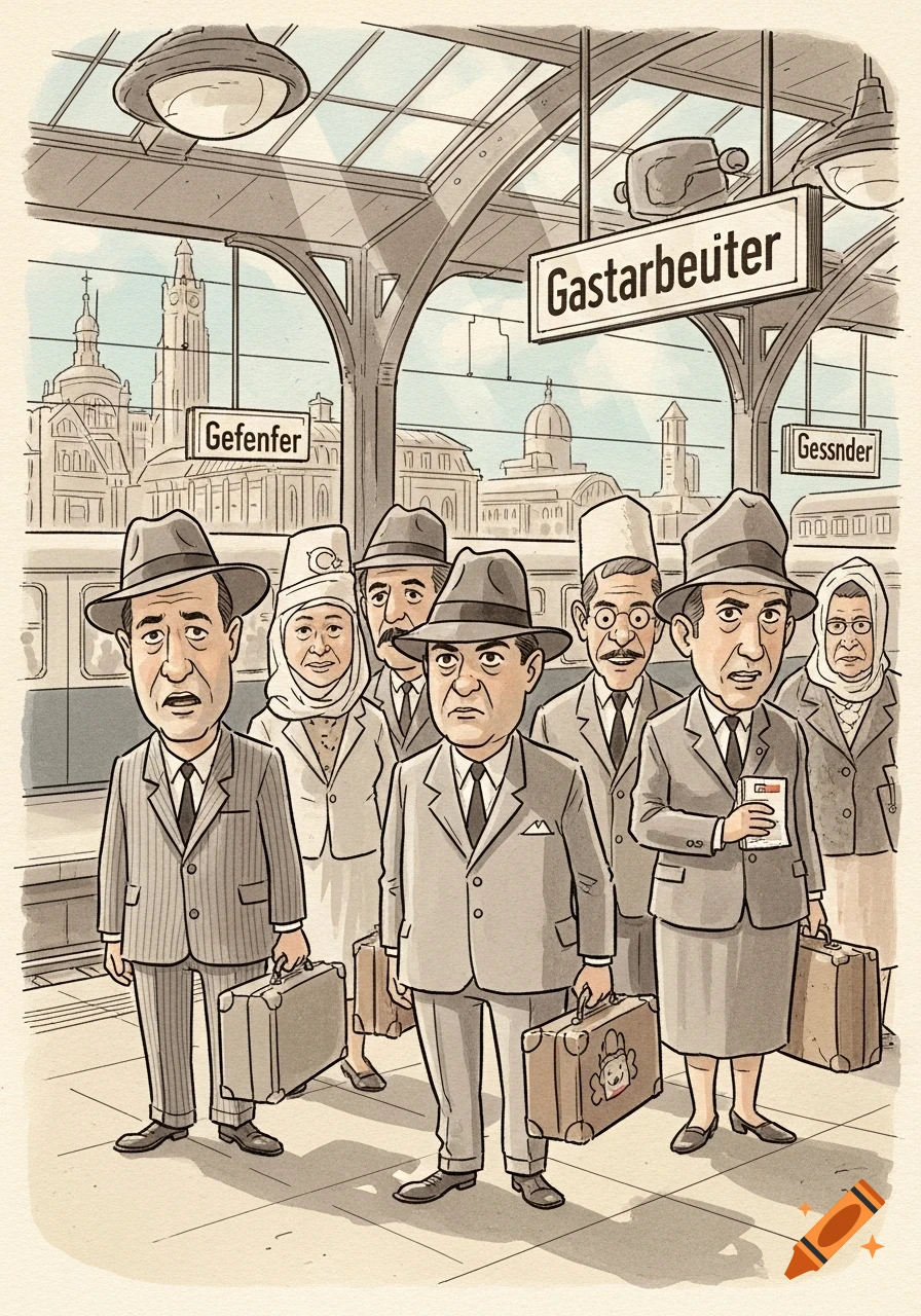 A caricature depicting a group of 1960s Turkish guest workers with suitcases at a German train station, with city buildings in the background. A sign above them reads Gastarbeiter.