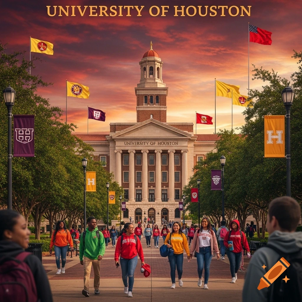 Photorealistic image of the University of Houston campus with students walking on a path towards the main building under a dramatic sunset sky.