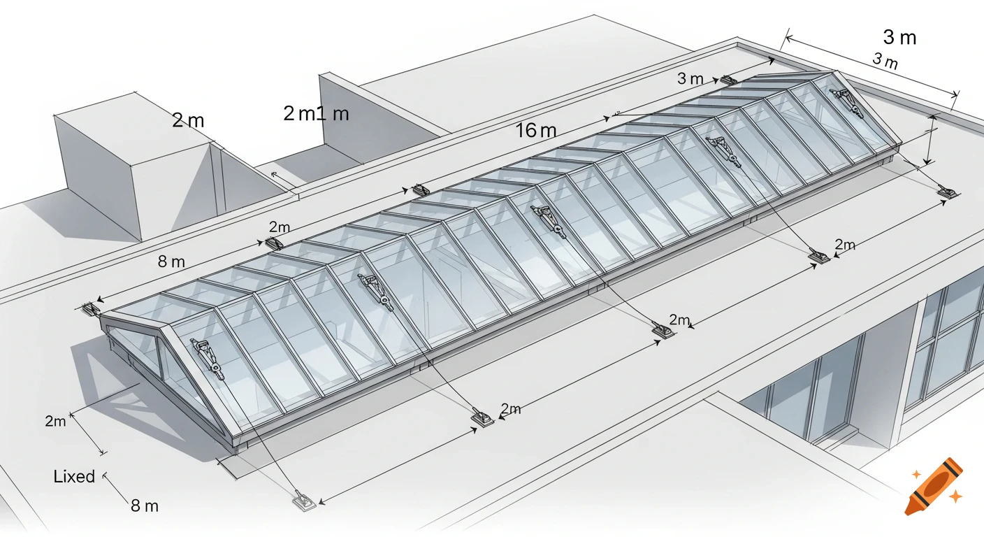A technical drawing of a continuous rooflight on a flat roof, showing dimensions like 16m long and 3m wide, with lifeline anchor points.