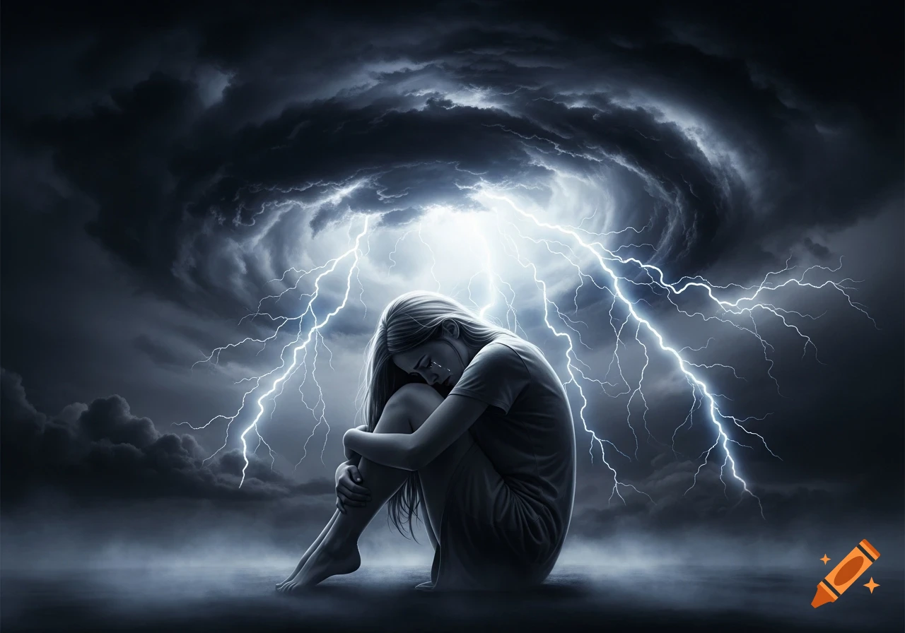 Digital art of a woman crying, curled up under a dark, stormy sky with lightning.