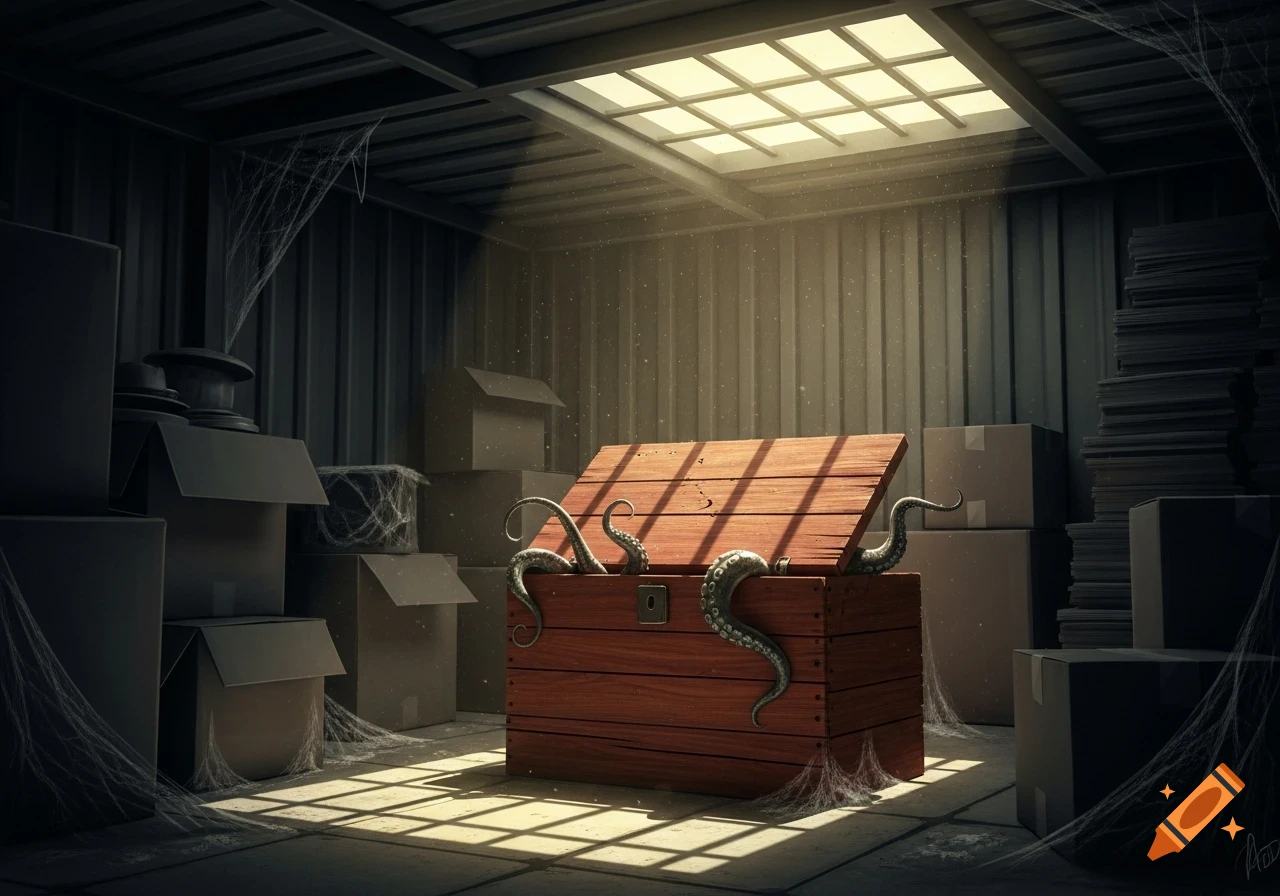 Dark tentacles emerge from a half-open wooden box in a dusty, dimly lit storage unit, illuminated by a skylight.