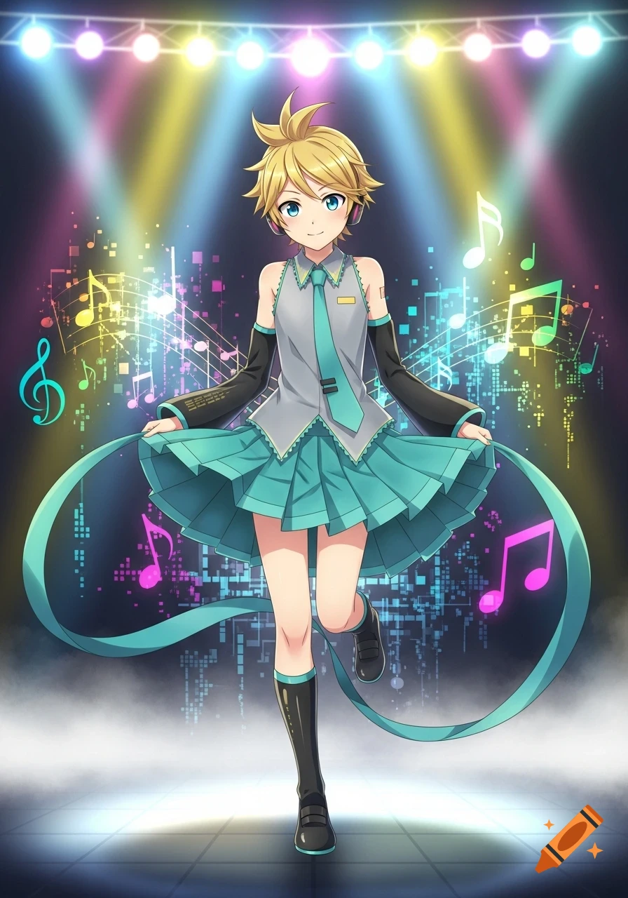 Anime illustration of Kagamine Len in a teal skirt and sleeveless top, posing on a stage with colorful spotlights and musical notes.