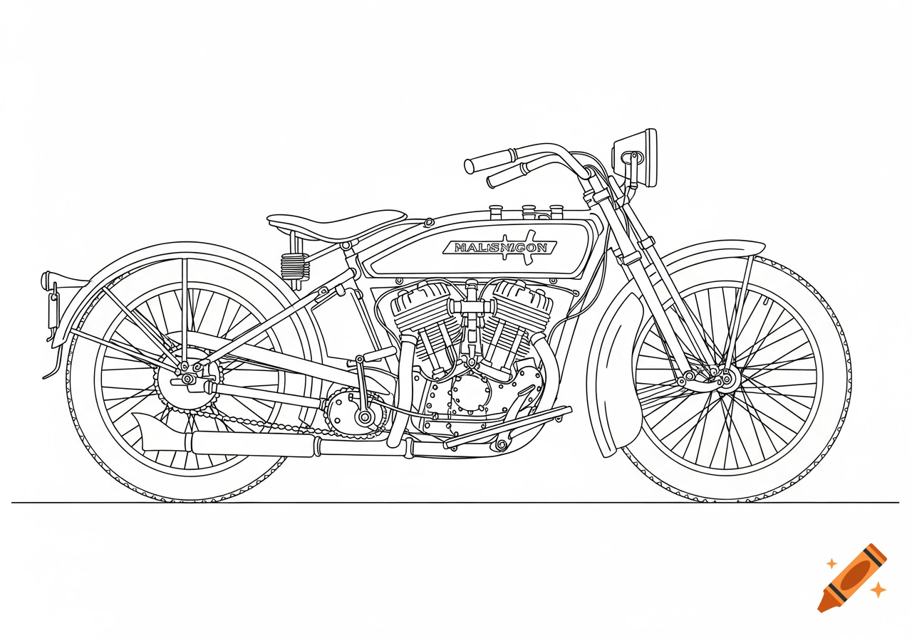 A continuous contour line drawing of an early 1900s Harley Davidson motorcycle, viewed from the side, on a white background.