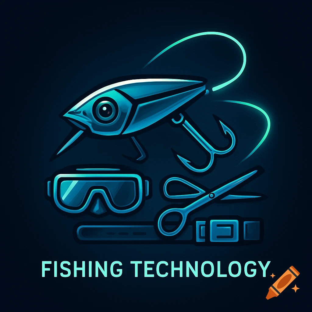 A blue and cyan futuristic logo featuring a fishing lure with a camera eye, fishing hooks, glowing line, diving goggles, scissors, and a modular belt, with the text 'FISHING TECHNOLOGY'.