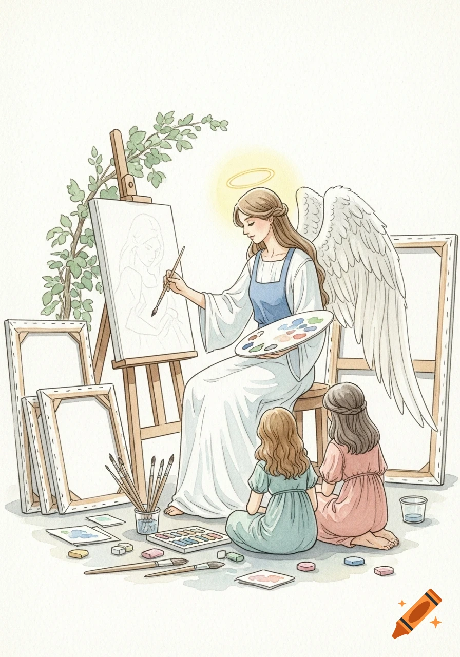 Watercolor of an angel artist painting on an easel while two young girls watch in an art studio.
