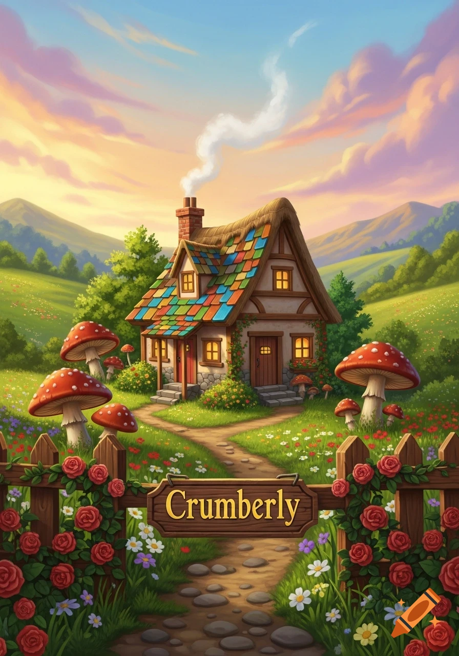 Whimsical illustration of a colorful cottage, giant red mushrooms, and a rose-covered fence with a 'Crumberly' sign, under a sunset sky.